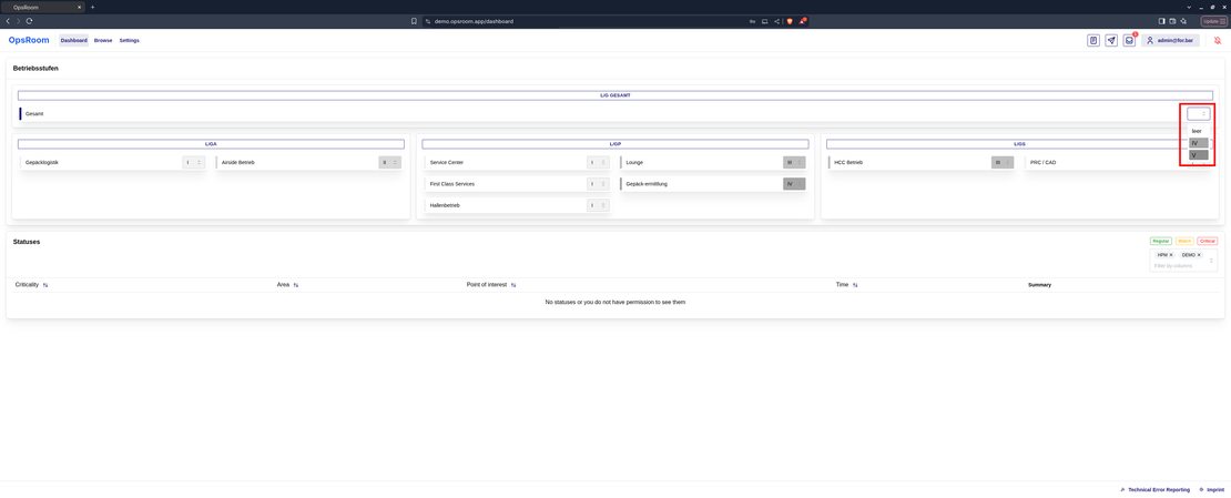 operating levels — site-wide